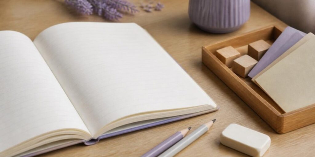 Cuaderno, lápices y bloques de madera sobre un escritorio