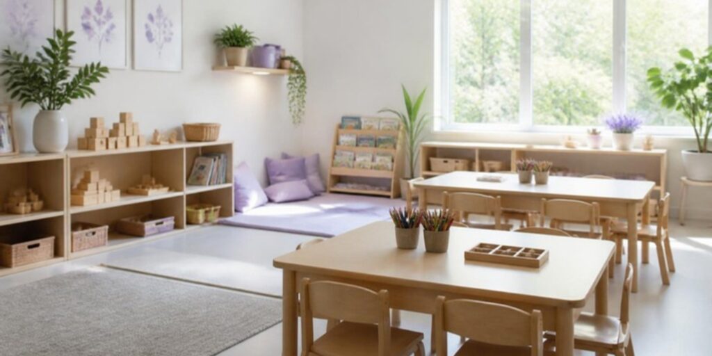 Sala de trabajo con mesas bajas y estanterías con material educativo