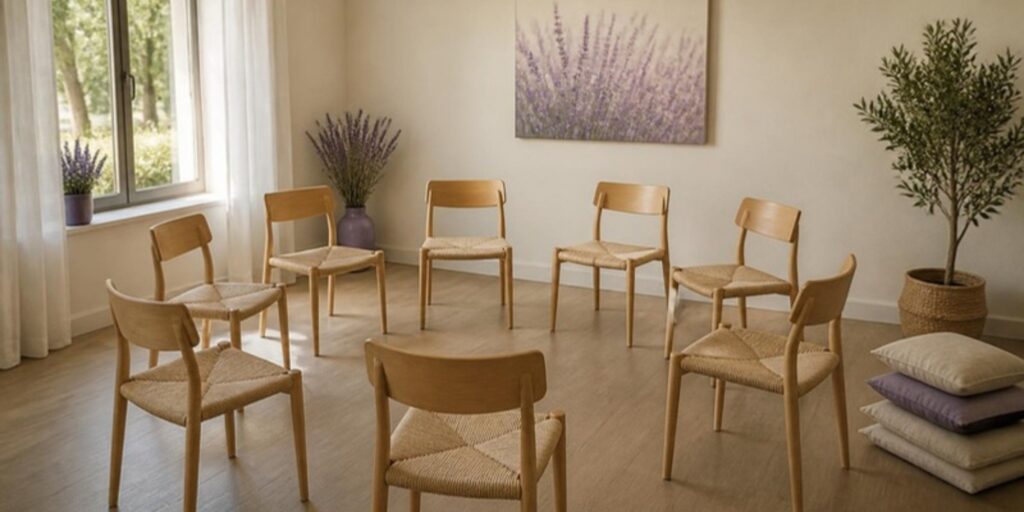 Sala con sillas de madera dispuestas en círculo