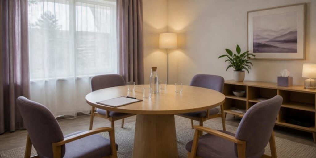 Sala con mesa redonda y sillas junto a una ventana