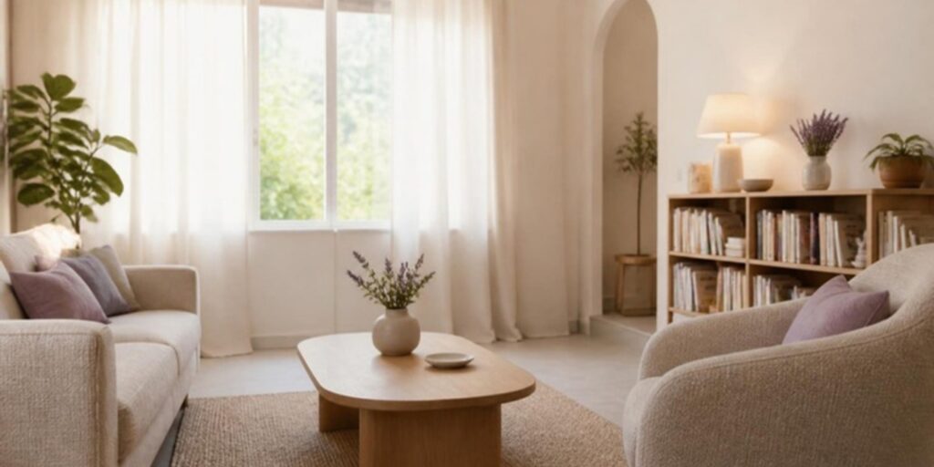 Sala luminosa con sofá, butaca y mesa baja