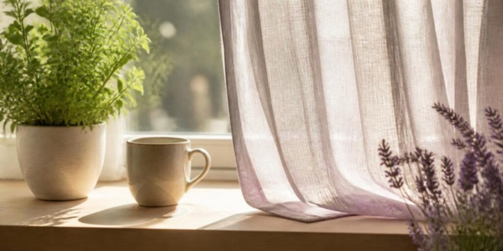 Luz natural en una ventana con una planta y una taza